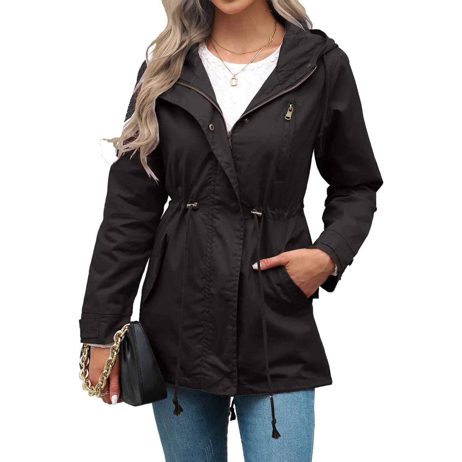 Женская куртка с капюшоном и поясом на молнии, модель Drawstring Waist, Nero