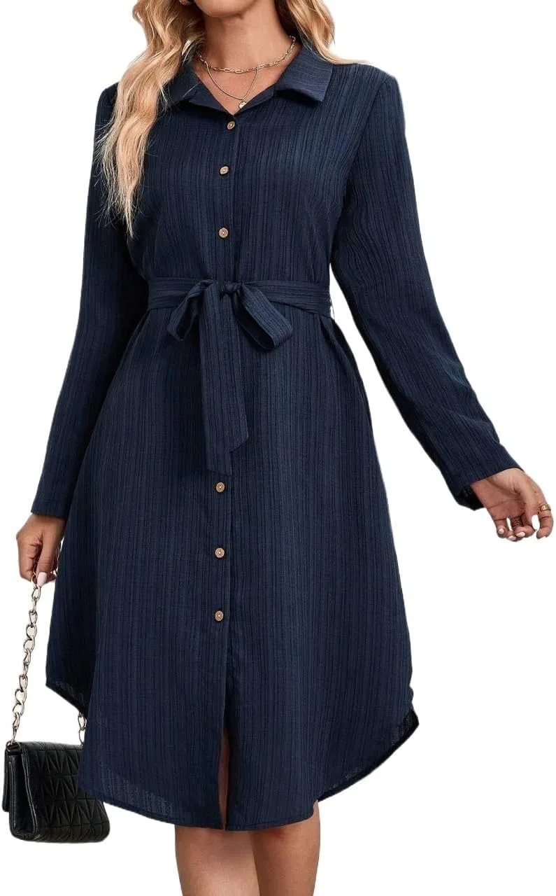 Женское платье-рубашка миди с поясом на пуговицах, Navy Blue