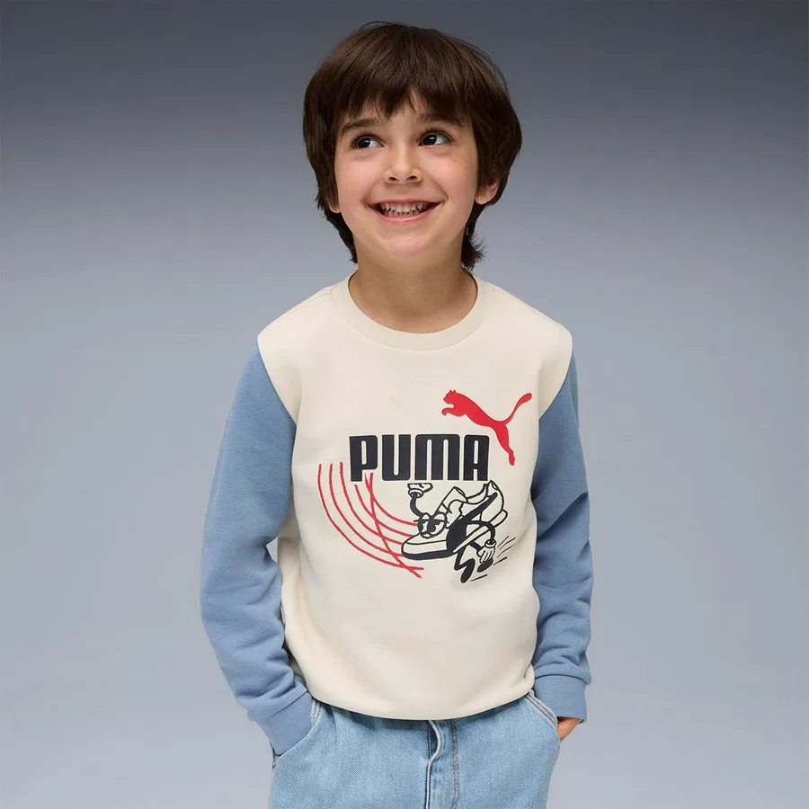 Детский свитшот с круглым вырезом и длинным рукавом Little Runners Crew Puma, Бежево-синий