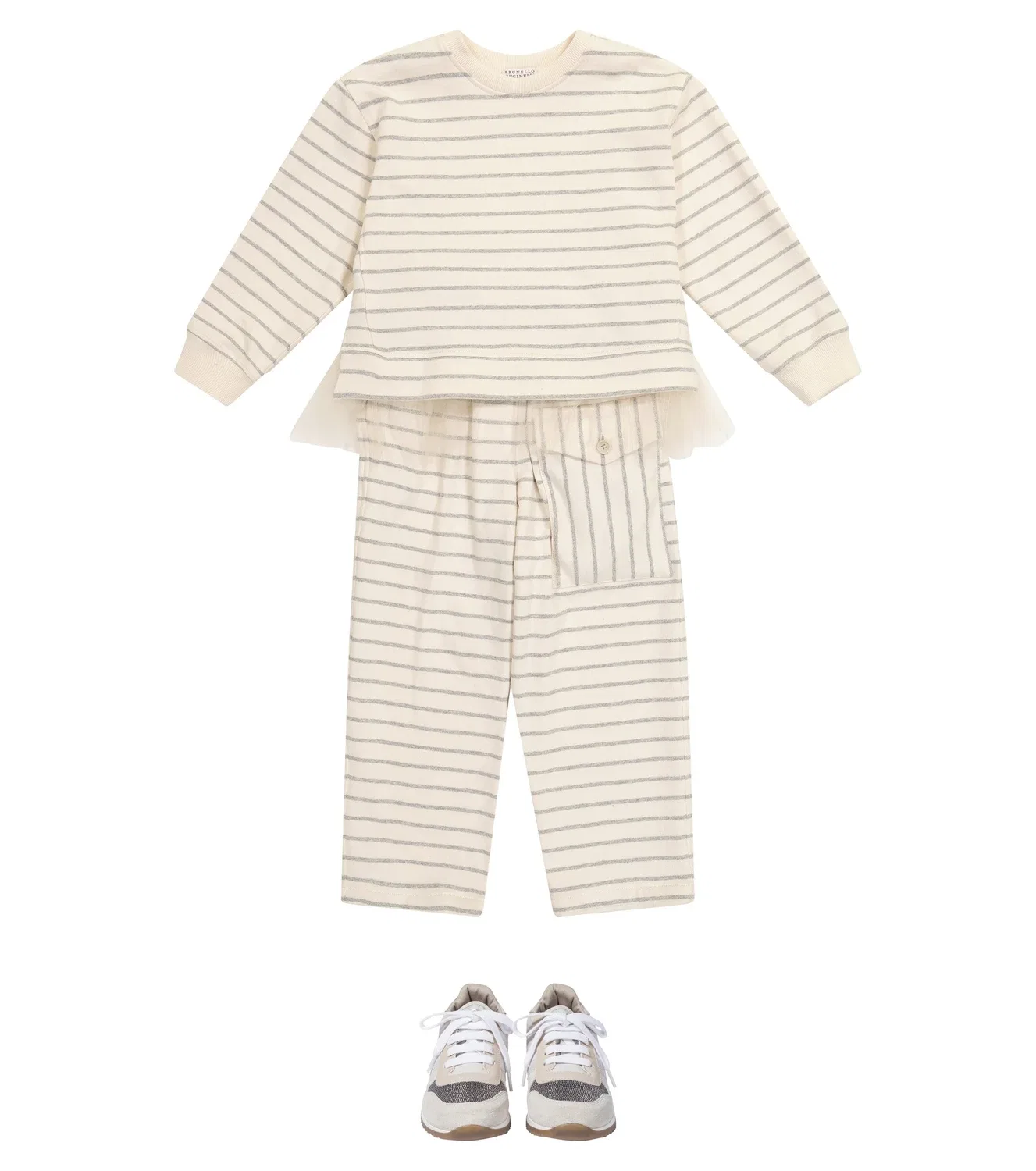 Свитшот полосатый с тюлевой отделкой Brunello Cucinelli Kids, белый — фото 2