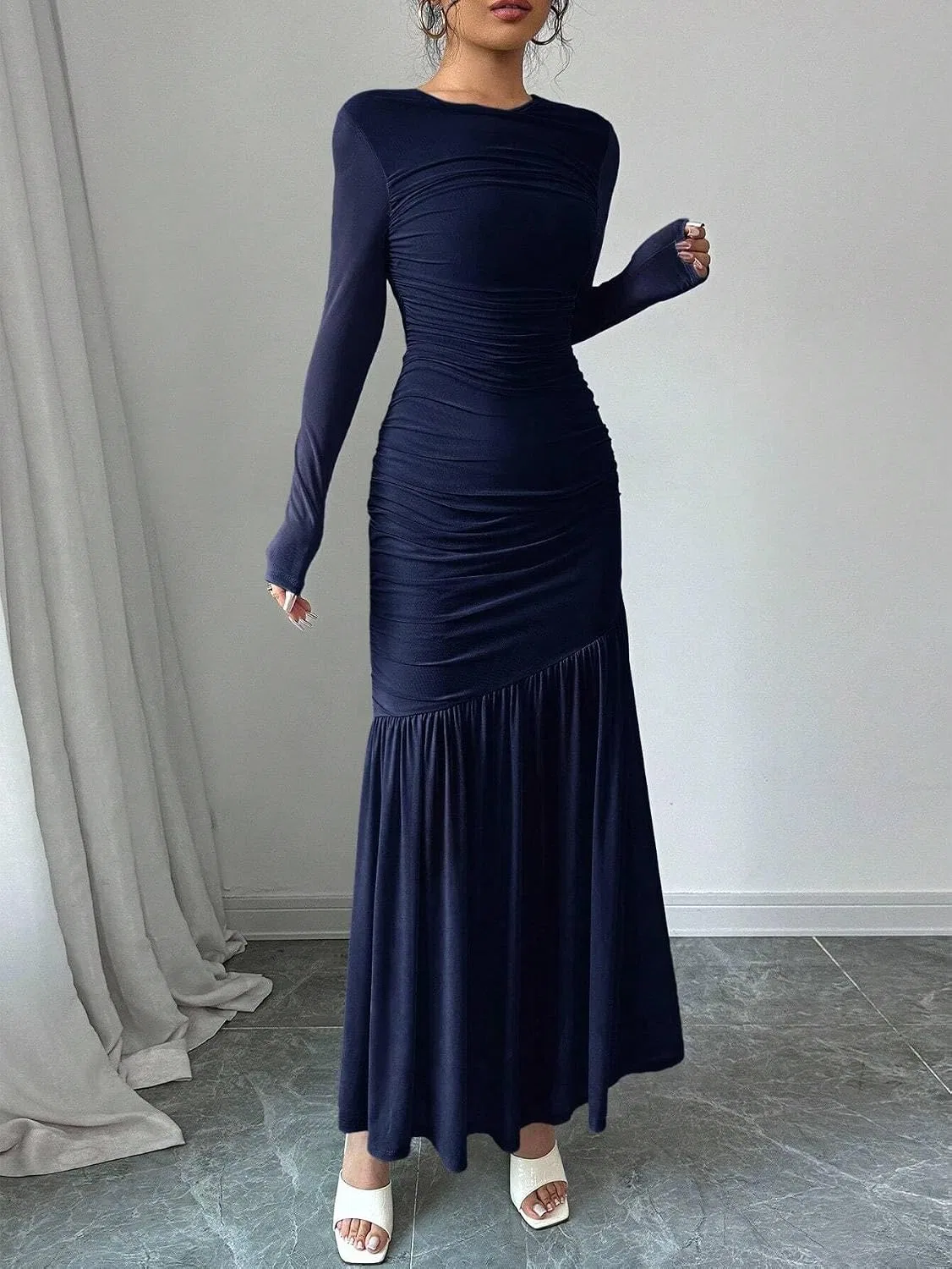 Женское длинное платье-бодикон с длинным рукавом, Navy Blue — фото 3