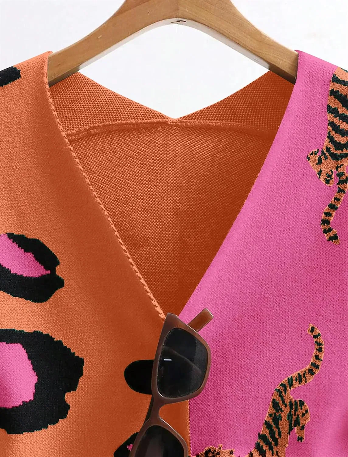 Женский кардиган с принтом леопарда, Long Sleeve Color Block, оранжевый — фото 3