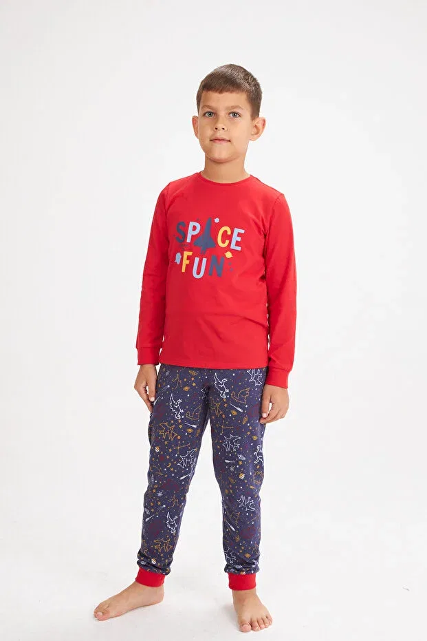 Детская пижама для мальчиков с принтом Space Fun Father Son Lilian, Red Boys' Pajama Set — фото 3