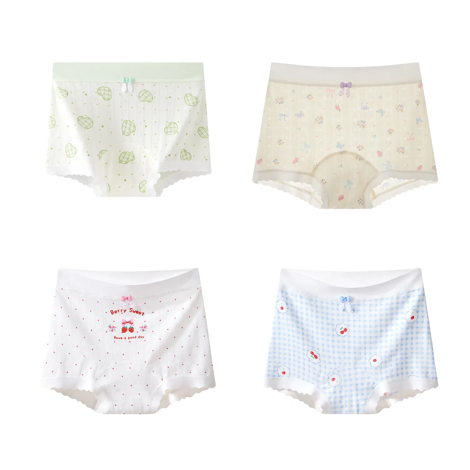 Детские трусы боксеры тонкие, 4 предмета, White Strawberry, Blue Cherry, Plaid Heart, Butterfly Flower, MIIOW