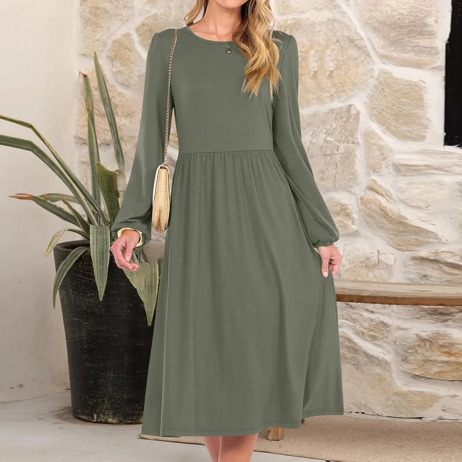 Женское свободное миди-платье с принтом, Army Green — фото 2