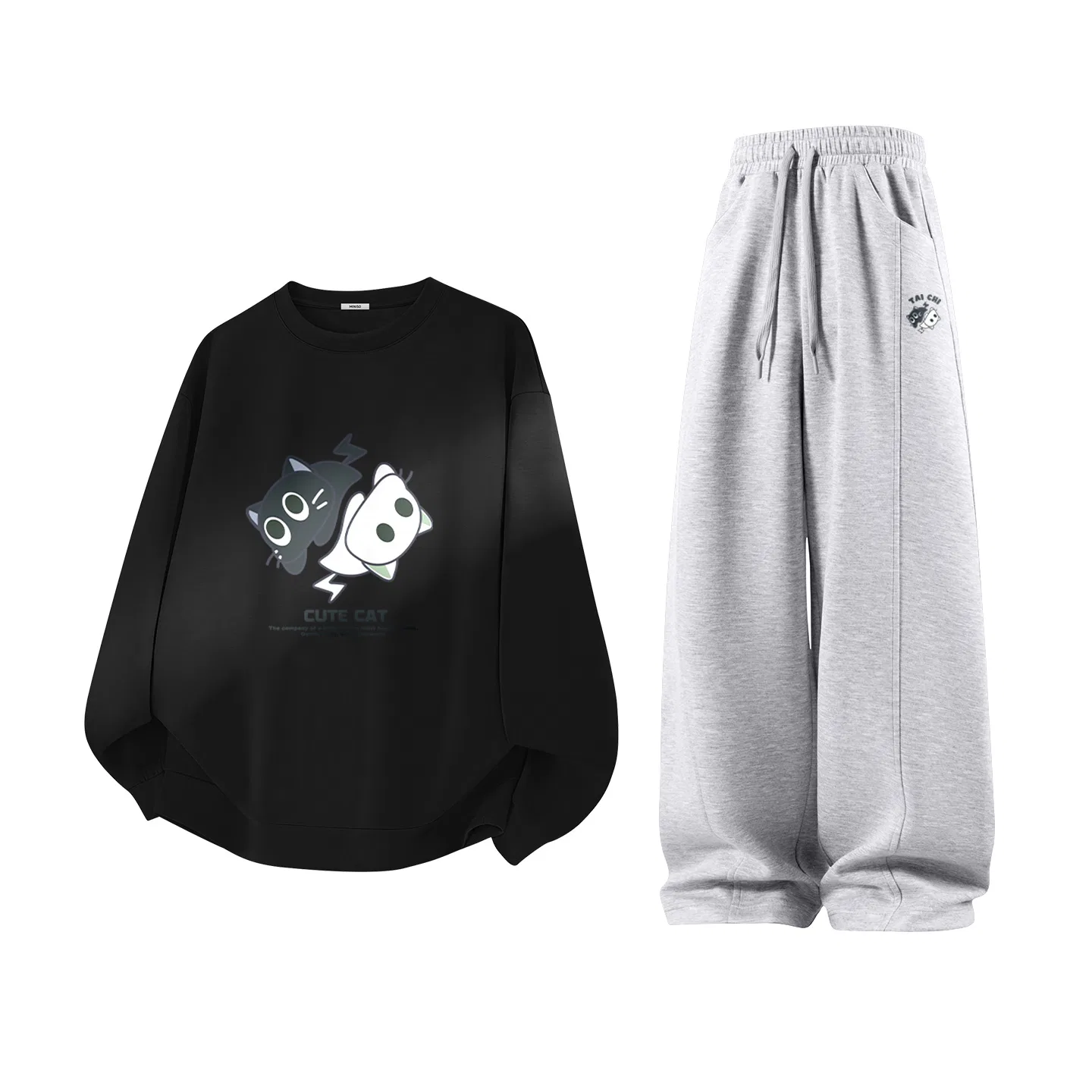 Детские комплекты из футера с принтом MINISO, Carbon Gray (Ma Tai Chi Cat)+Black (B Tai Chi Cat Pants Logo) — фото 3