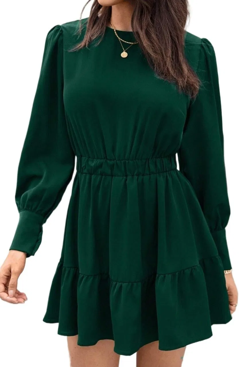 Женское A-силуэта платье с воланами и пуговицами, Dark Green