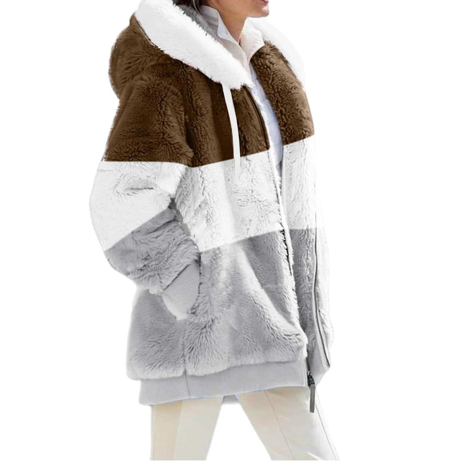 Женское флисовое пальто с капюшоном и карманами Color Block Teddy Fleece, Cachi — фото 4