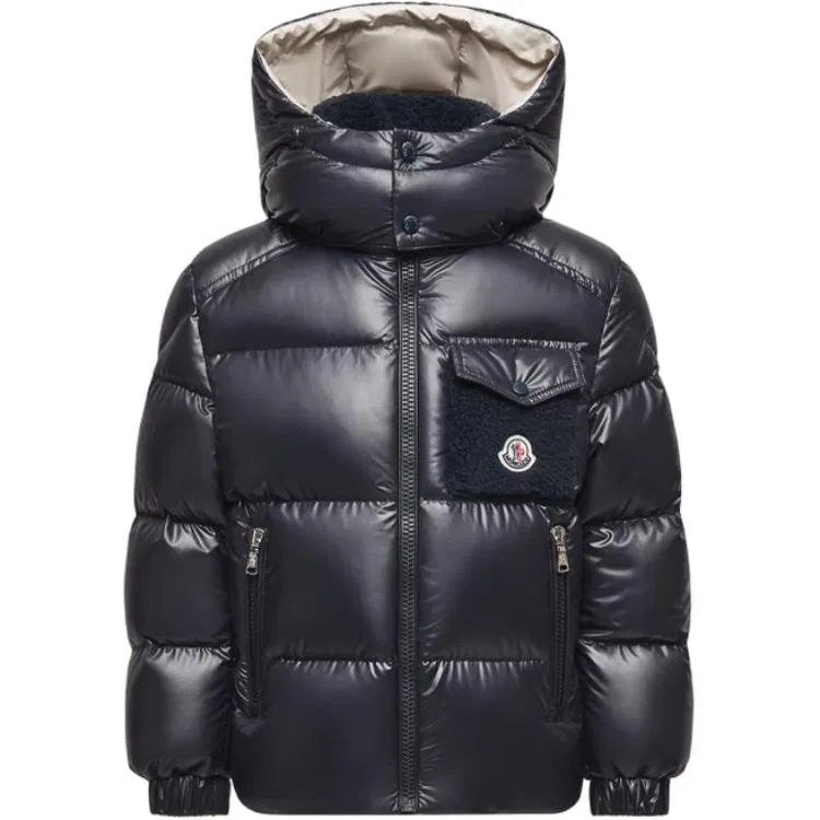 Детская куртка пуховик с капюшоном, съемный, Moncler, Night Blue