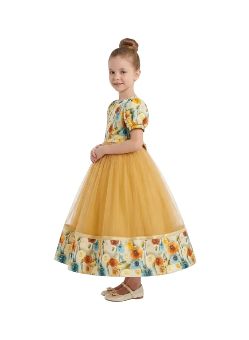 Платье бальное с принтом Golden meadow tulle ballgown Bidani, горчичный — фото 2