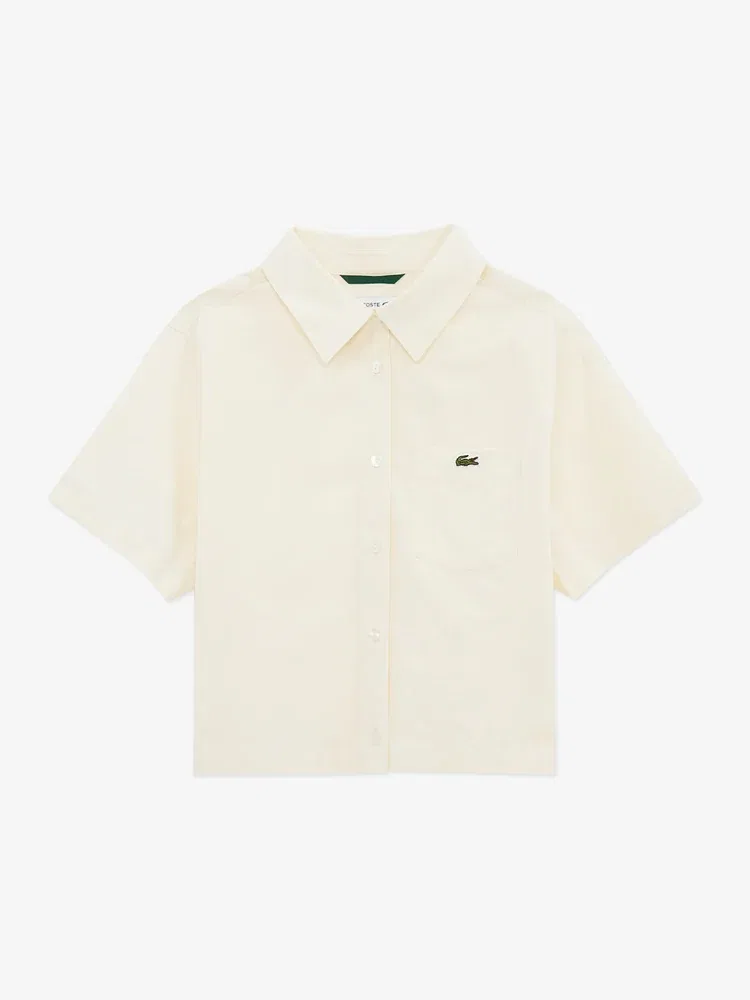 Рубашка LACOSTE JP Cotton Linen, женская, с коротким рукавом, слоновая кость — фото 4