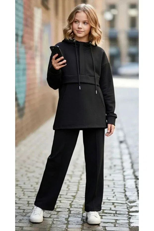 Детский комплект из туники и брюк с капюшоном Oversize Asortix, Black — фото 4