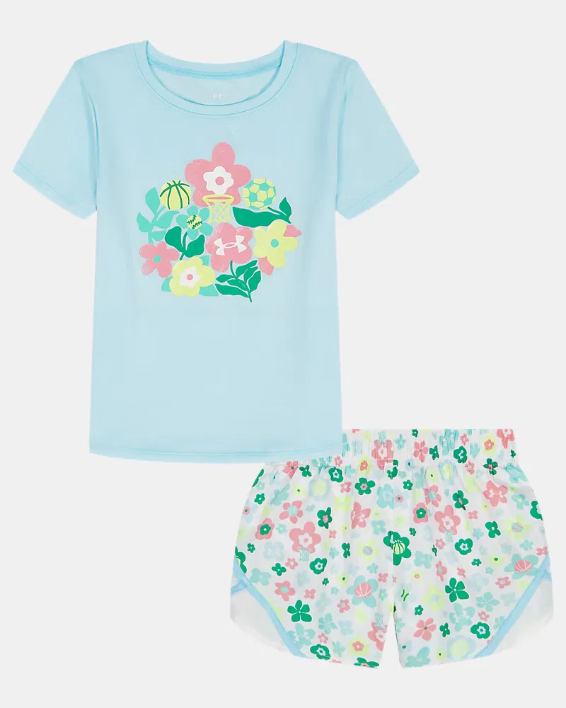 Комплект для девочек из футболки и шорт, быстросохнущий, UA Floral Logo Woven Microfiber UnderArmour, Stream/Reflective