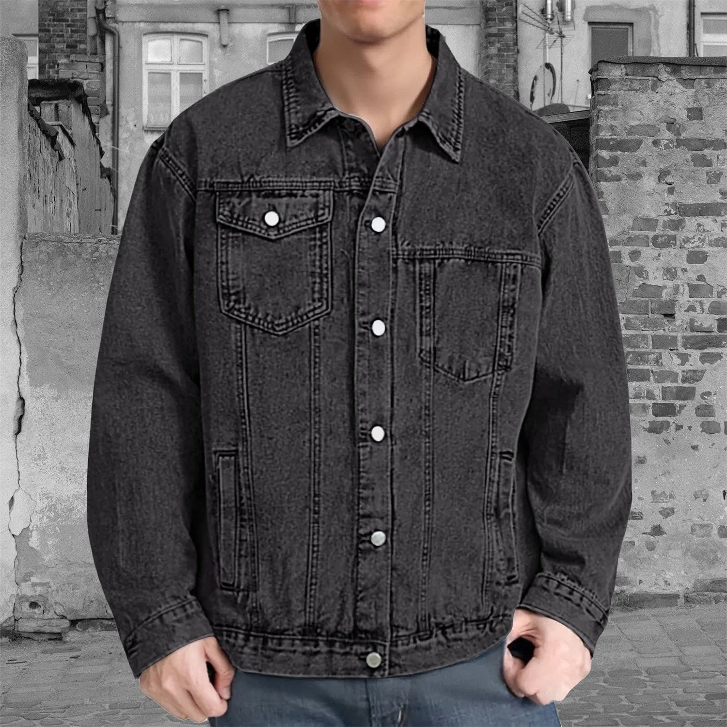 Мужская джинсовая куртка с потертостями и длинным рукавом, Z11-grey Denim Giacca Uomo — фото 3