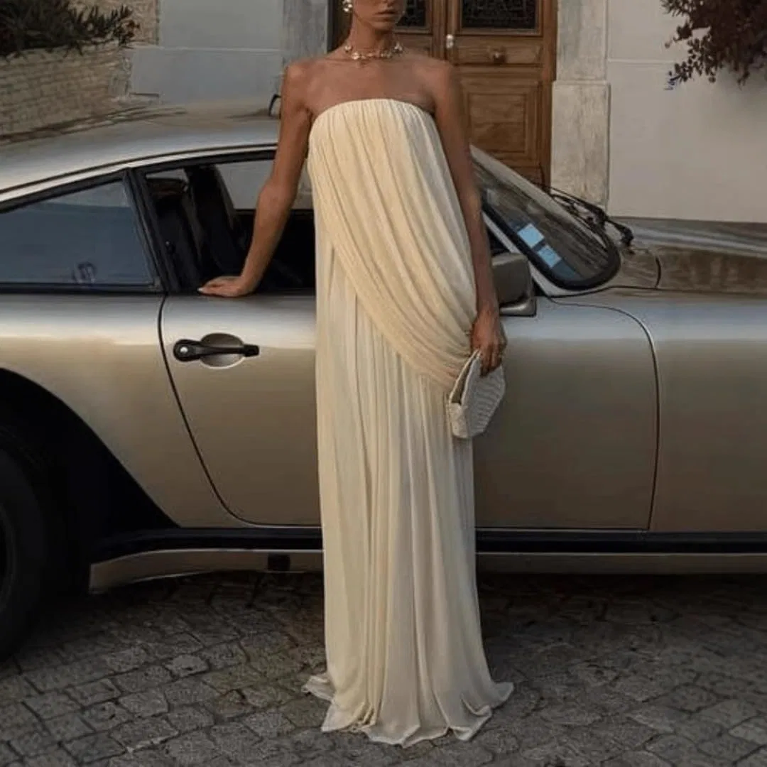 Женское клубное платье с плиссировкой без бретелек, Beige — фото 3