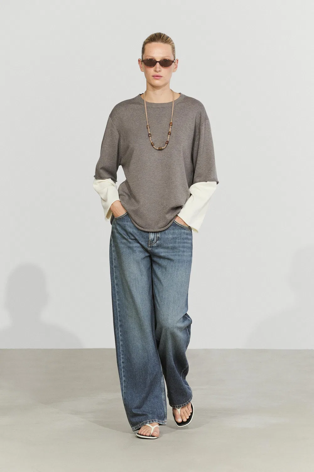 Свитер Massimo Dutti Oversize Knit With Double Sleeve Detail, темный хаки — фото 3