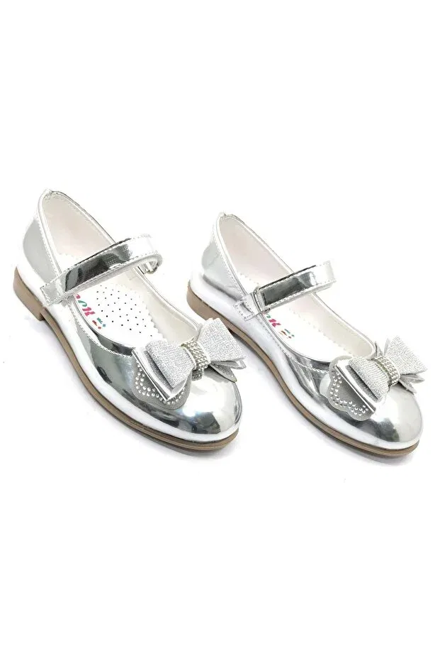 Детские балетки для девочек с принтом Iremsu Ribbon Stone Detailed Velcro Girls' Ballerina Shoes Kocamanlar Ayakkabı, Silver