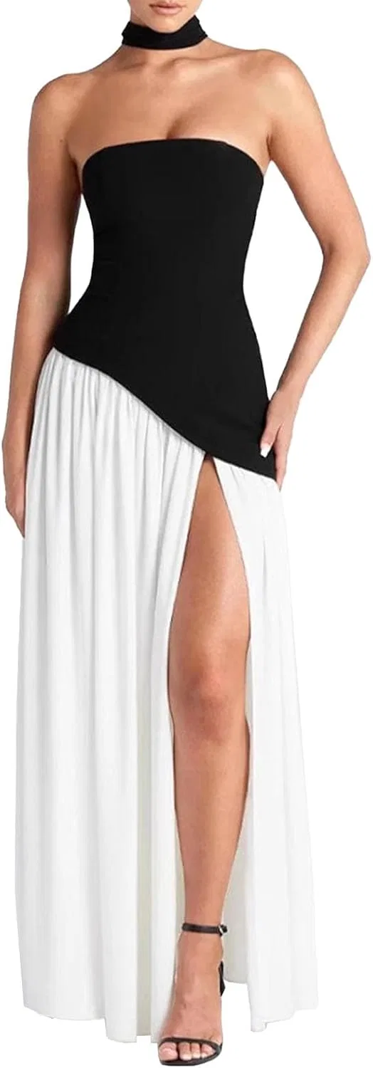 Женское атласное платье-макси с запахом, модель Elegant Satin Halter Gown, чёрный/белый