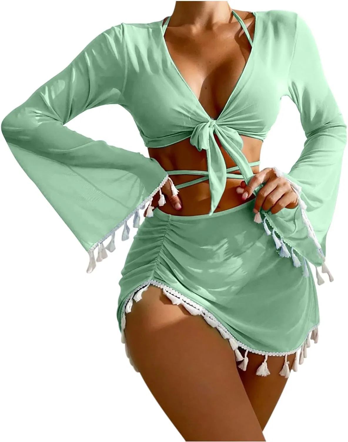 Женский купальный комплект из 4 предметов с топом на завязках и юбкой, Light Green
