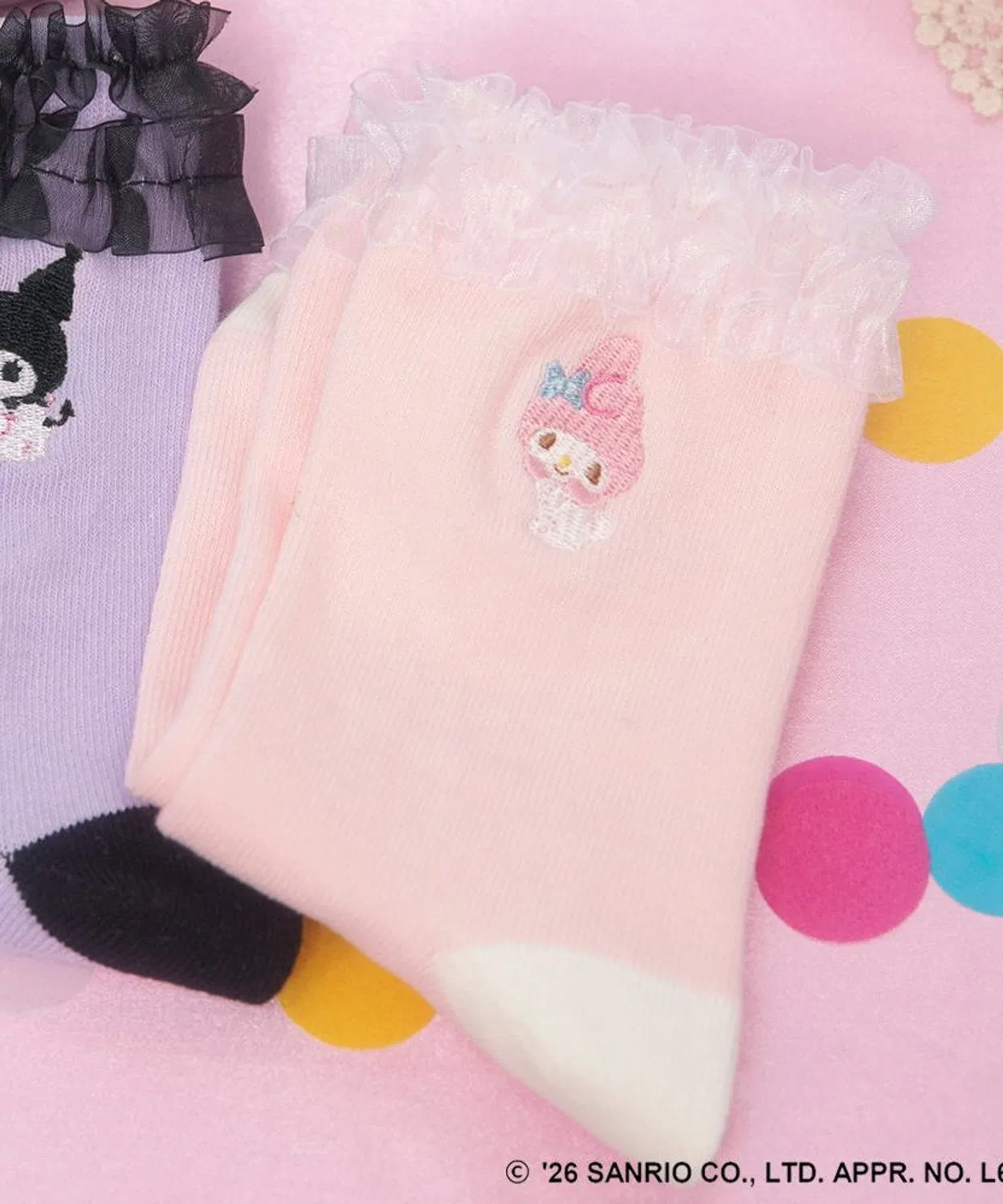 Детские носки с вышивкой и кружевной отделкой My Melody и Kuromi branshes, Розовый