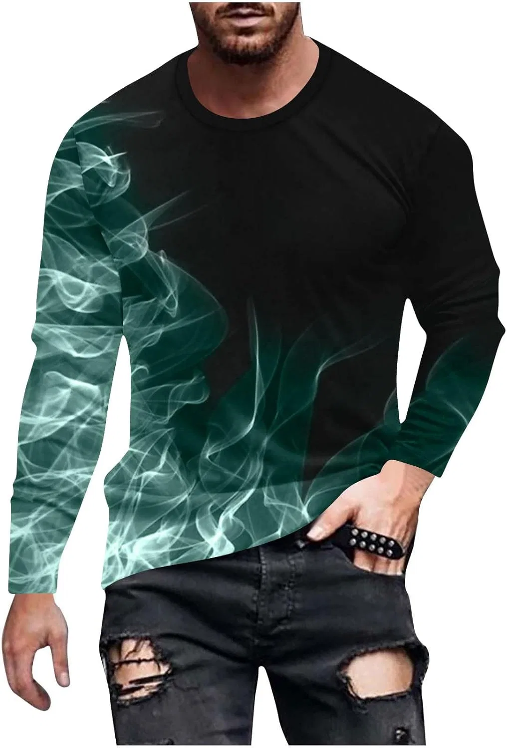 Мужская футболка с длинным рукавом с принтом пламени, Classic Crewneck, Green