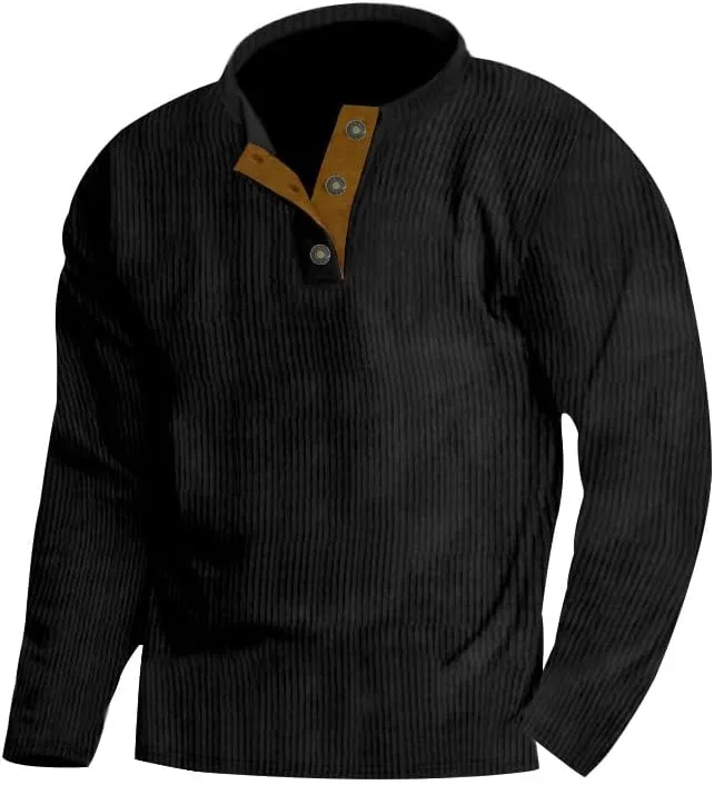 Мужская свободная вельветовая толстовка Henley с длинным рукавом, Black