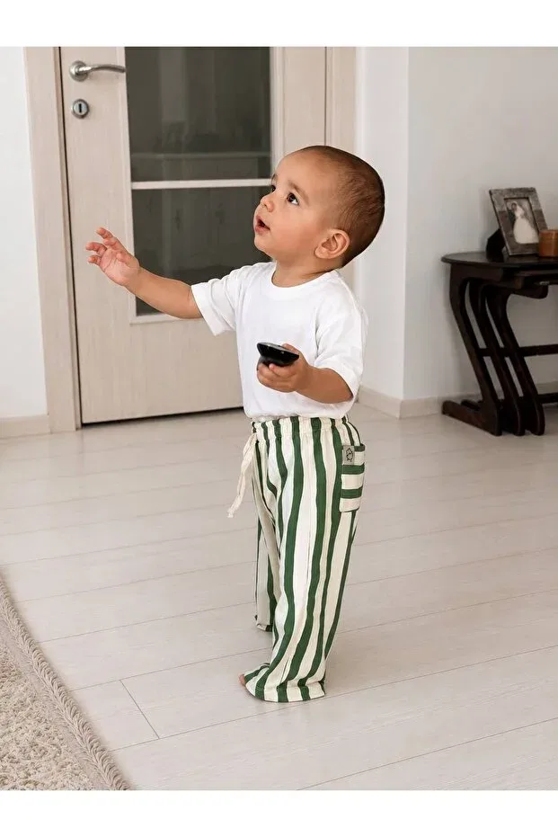 Детские брюки для девочек в полоску Bright days striped organic certified baby pants The Nest Kids, Green — фото 2
