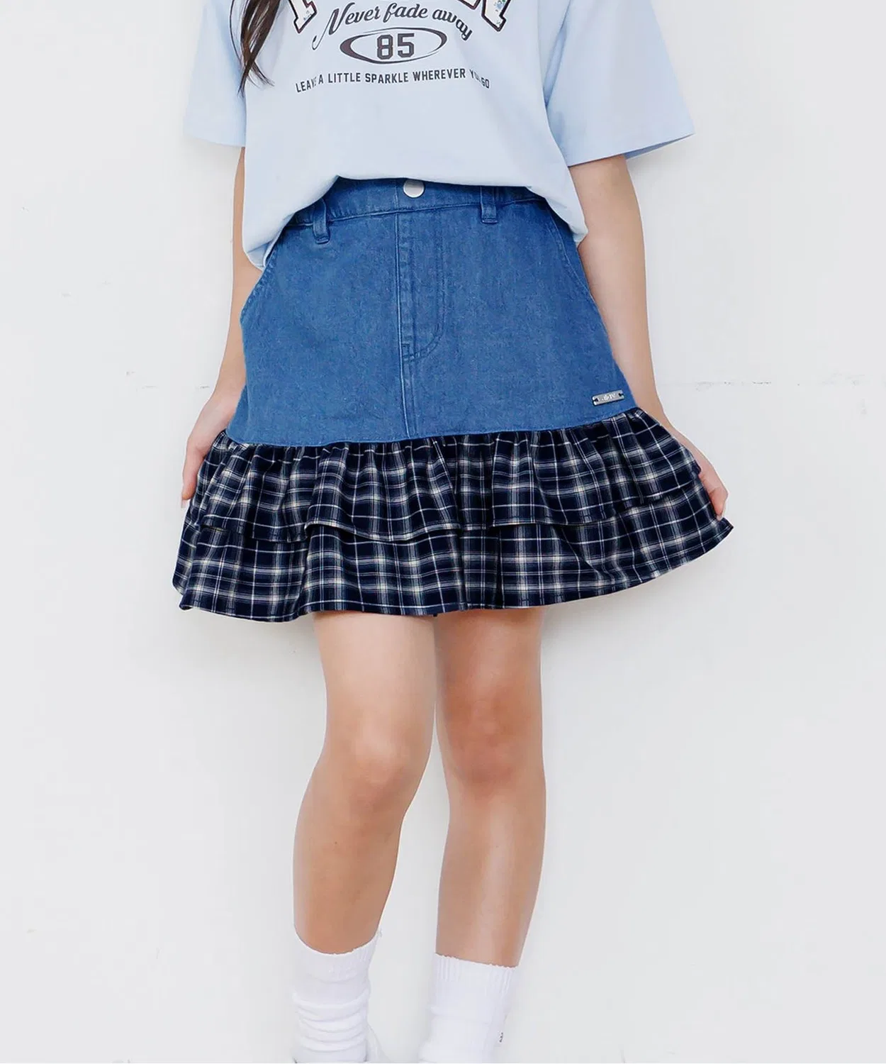 Детская юбка-шорты с воланами и клетчатым принтом, деним, модель Denim Check Frill Skapan, algy, Sax Blue