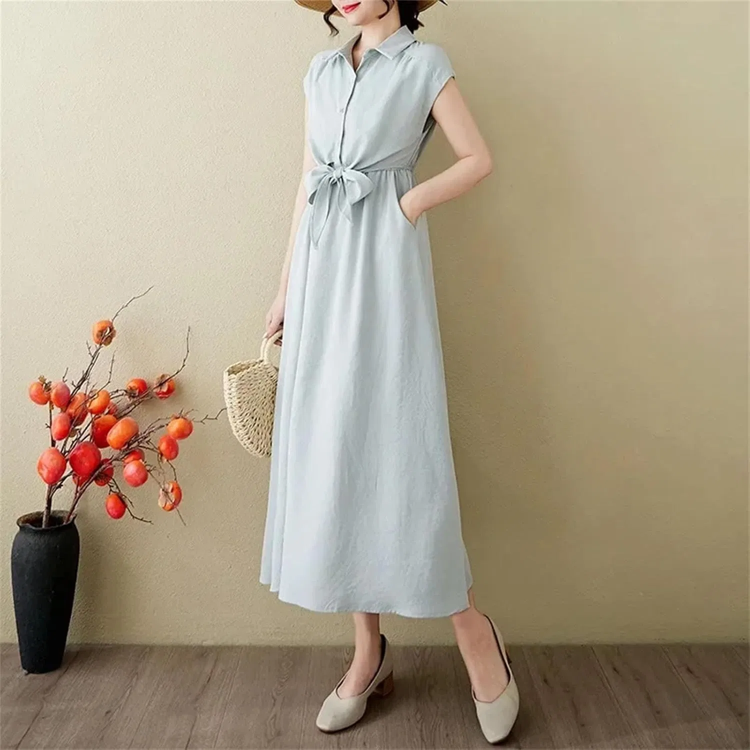 Женское платье с отложным воротником и коротким рукавом, Light Blue — фото 2