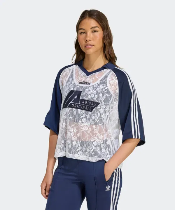 Футболка с кружевной вставкой Adidas, белый ночной индиго