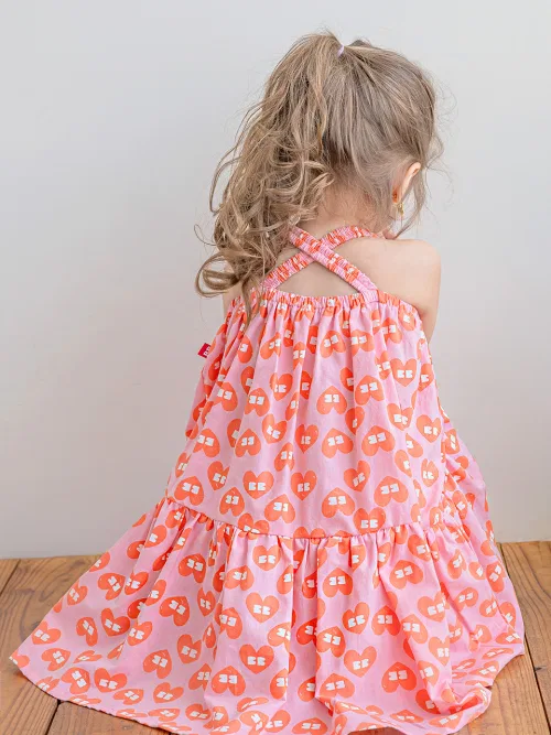 Детское платье для девочек хлопковое с принтом BB Heart Summer BABYBLEE, Pink — фото 3