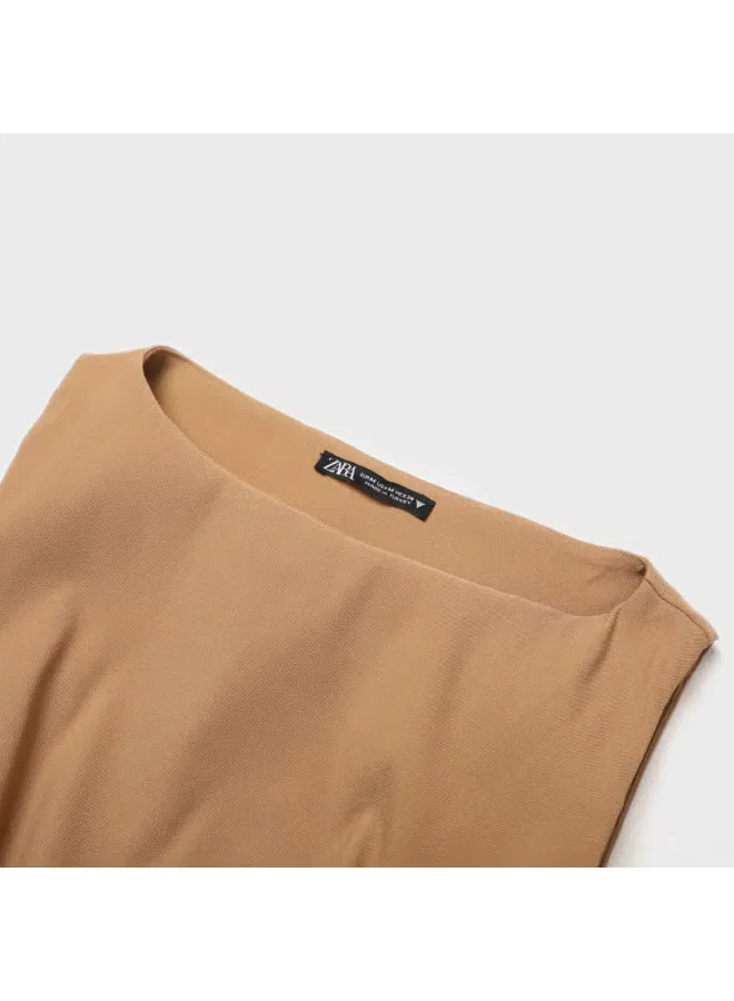 Блуза без рукавов с плиссировкой на талии Zara, светло-коричневый — фото 4