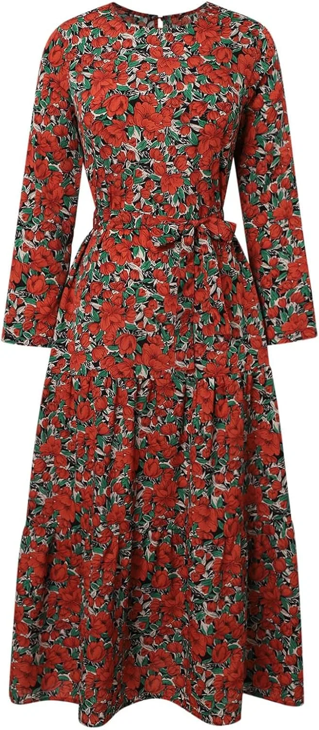 Женское платье-абайя с поясом, Vintage Printed Sun Dress Maxi, 02#_red