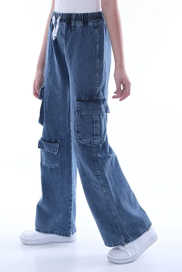 Детские джинсы для девочек с широкой штаниной Asortik Kids, Dark Blue