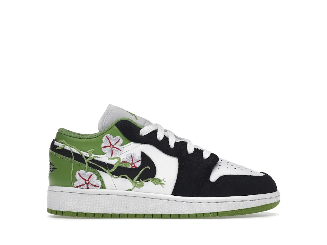 Детские кроссовки с цветочным принтом Jordan 1 Low SE Floral Vines (GS) Jordan, White/Black/Altitude Green/Lavender Mist/Vivid Green/Gym Red