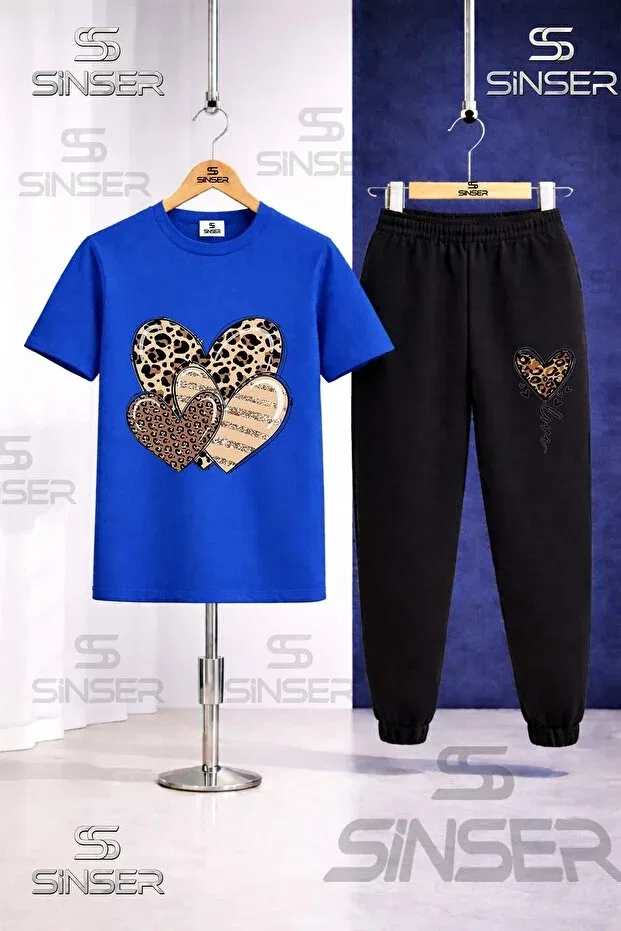 Детский комплект для мальчиков с принтом Children'S Hearts Leopard Pattern Printed T-Shirt Tracksuit Set Ss Sinser, Blue - Black