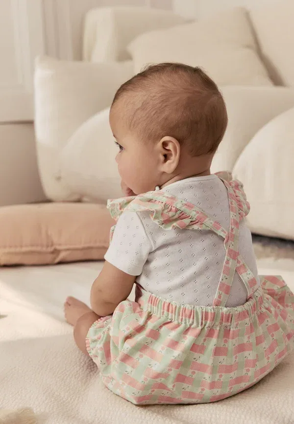 Комплект из ползунков и боди с цветочным принтом Regular fit - baby dungarees and bodysuits set 2 piece - body Next, Pink Check, розовый — фото 3