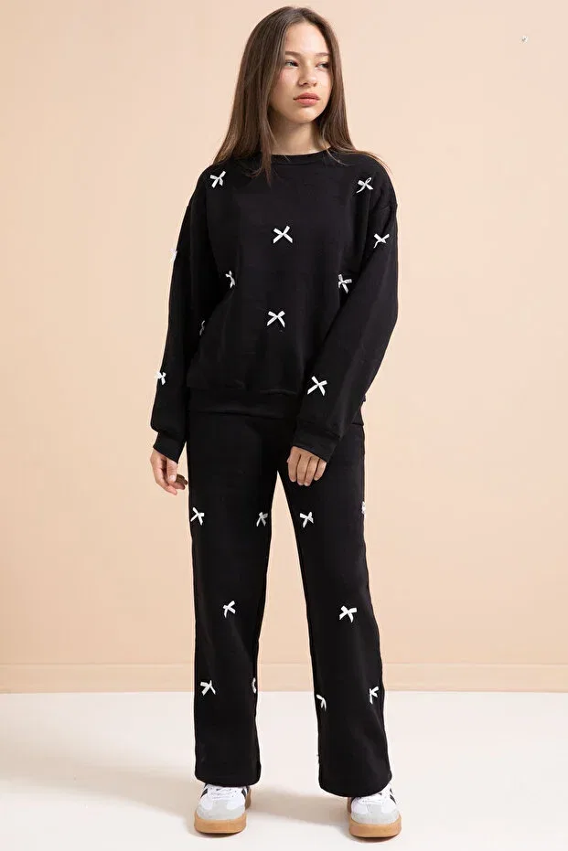 Детский комплект спортивного костюма для девочек с принтом Black Bow Embroidered Crew Neck Girl's Hooded Tracksuit Set Cansın Mini, Black — фото 3