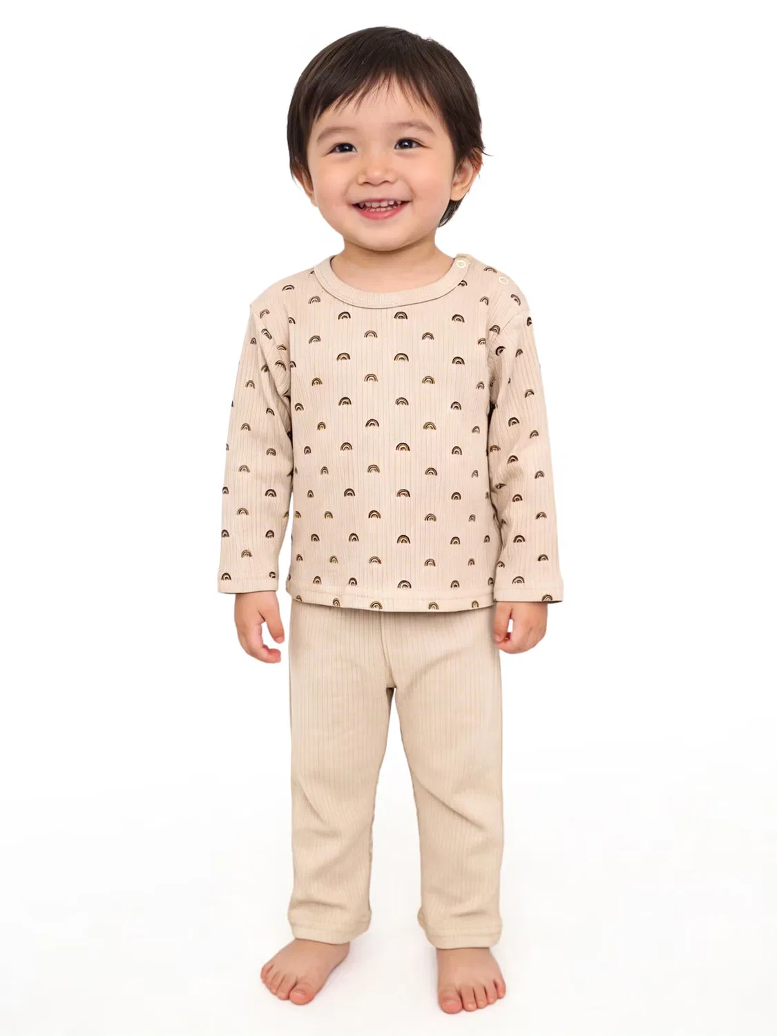 Комплект пижамный с принтом из хлопка с длинным рукавом Babies Basic, бежевый