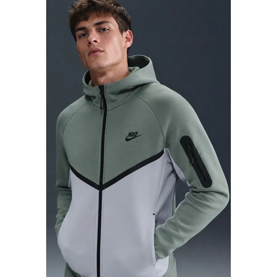 Свитшот мужской с капюшоном Tech Fleece Full Zip Windrunner Nike, Зелено-серый