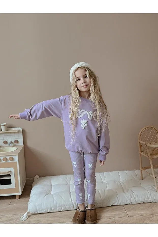 Детский комплект из футера и леггинсов для девочек с принтом Carla Mara, Lilac — фото 3