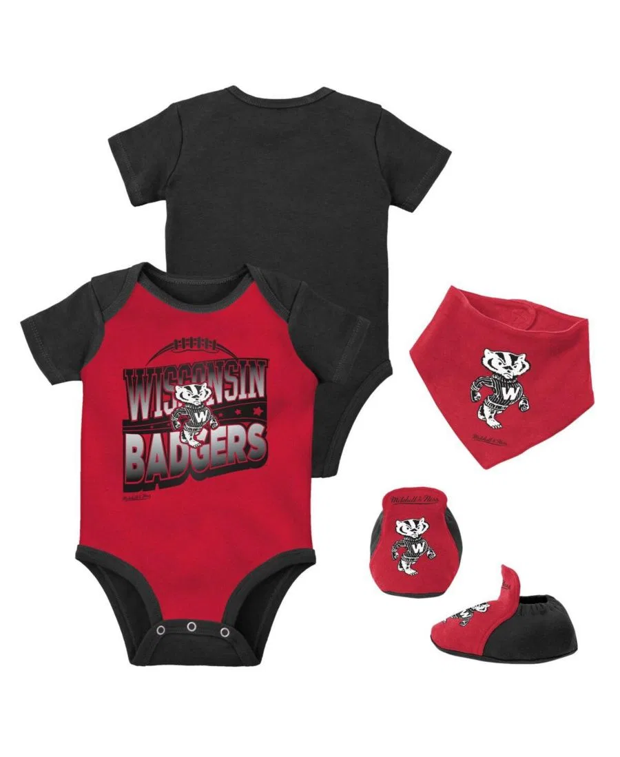 Комплект из 3 предметов: боди, слюнявчик и пинетки Wisconsin Badgers Mitchell & Ness, Black Red