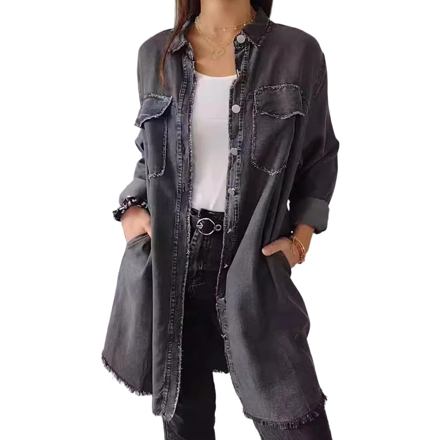 Женское джинсовое пальто oversize, dark grey