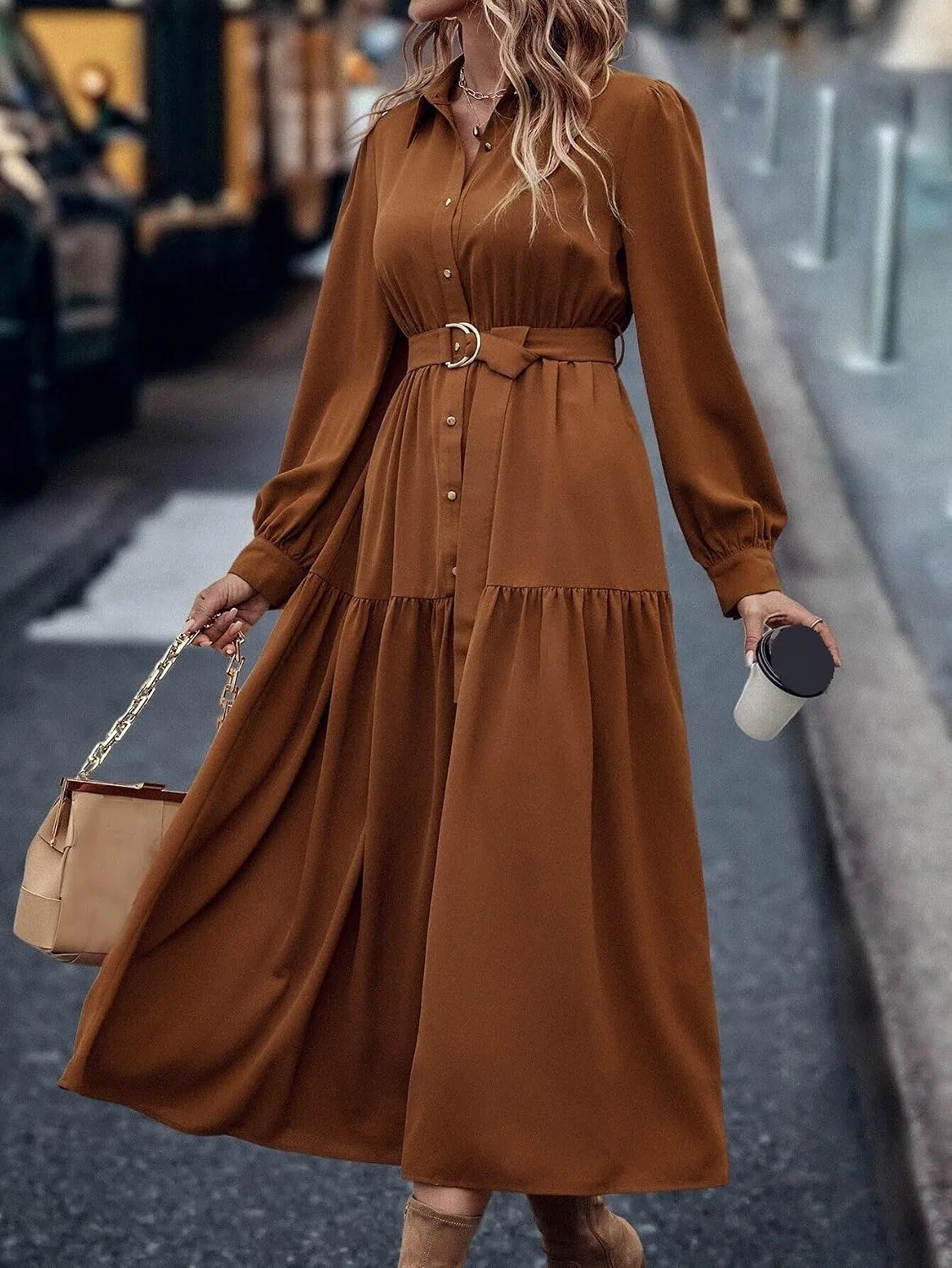 Женское элегантное платье миди с воланами и поясом, Brown — фото 2