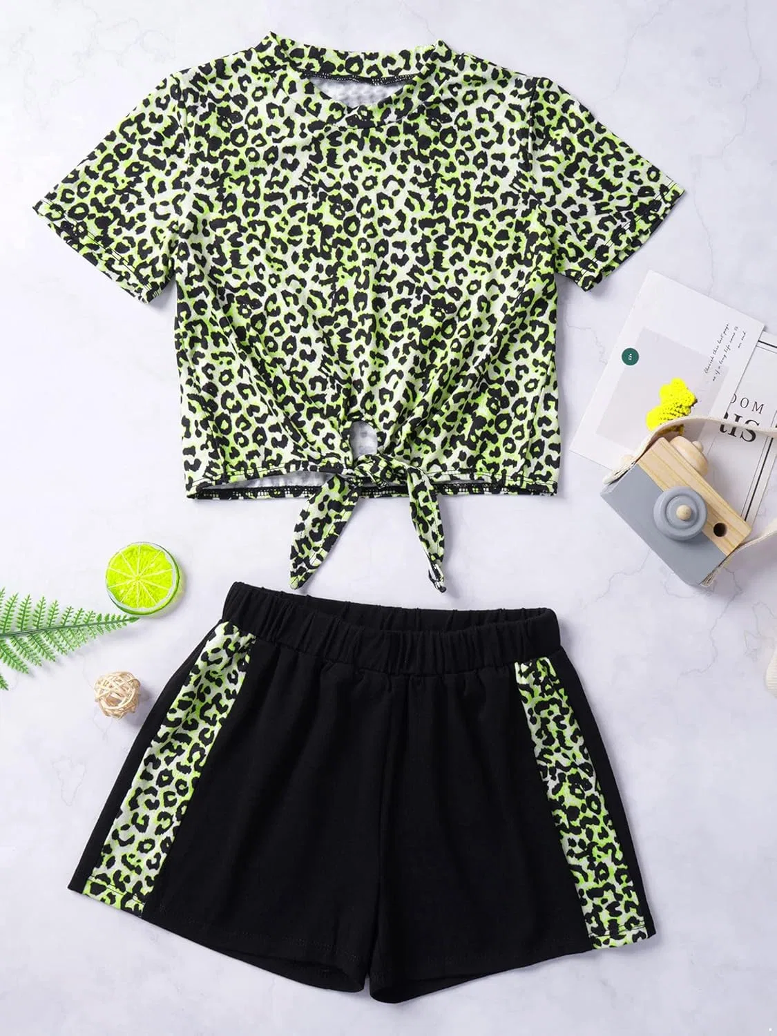 Детский спортивный костюм с принтом леопарда Yeeye, топ и шорты, Chartreuse Leopard — фото 3