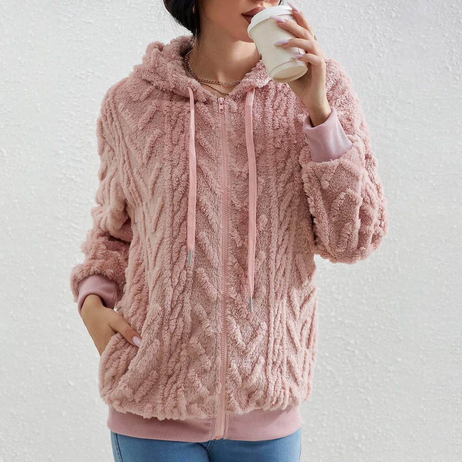 Женское утеплённое пальто с капюшоном и молнией, флисовое, с карманами, pink — фото 3