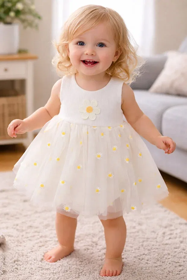 Детское платье для девочек хлопковое Daisy Embroidered Summer Tulle Snap Fastener Dress Beniizle, White — фото 4