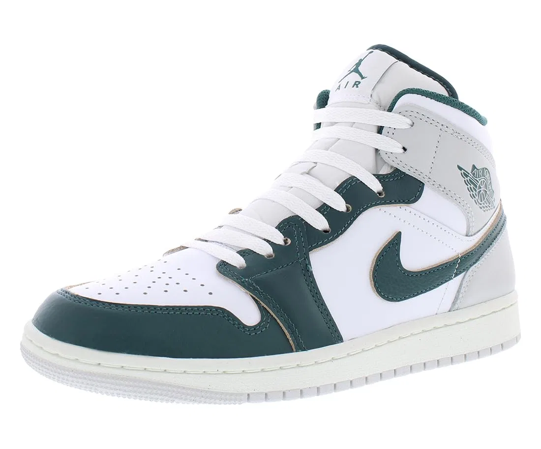 Детское кроссовки для мальчиков с высоким берцем Jordan 1 Mid Se Little Kids' Shoes NIKE, White Sail Grey Neutral Green Oxidized