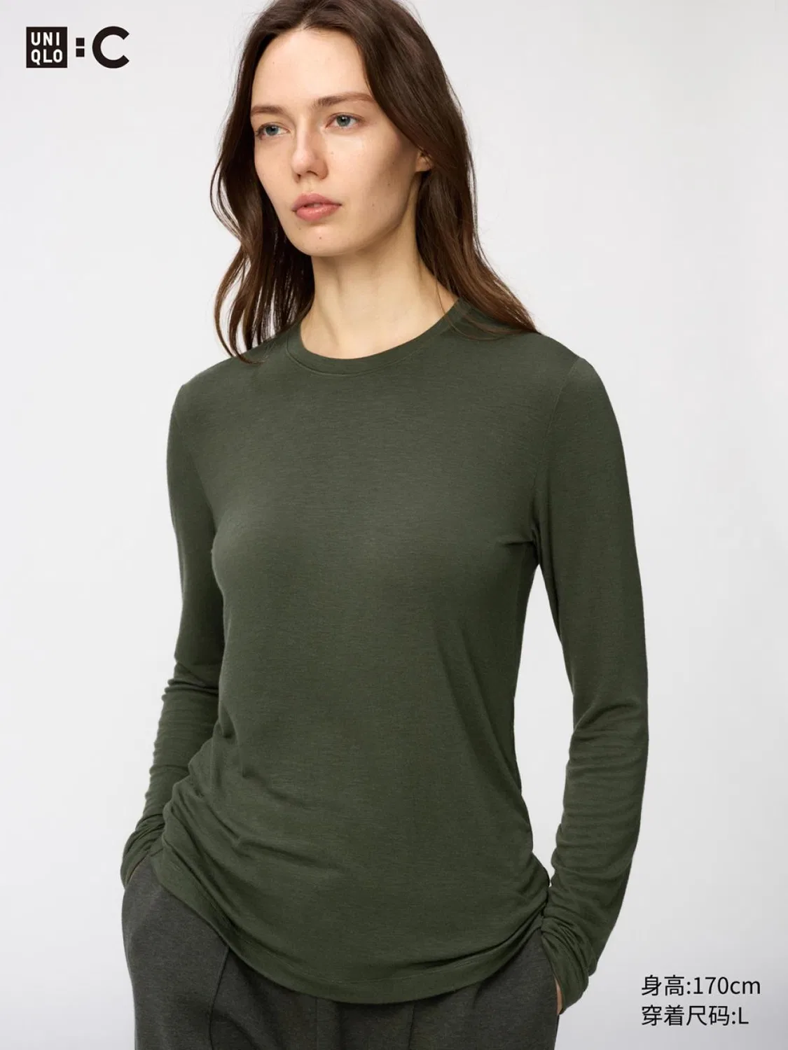 Футболка с длинным рукавом HEATTECH Uniqlo, темно-оливковый