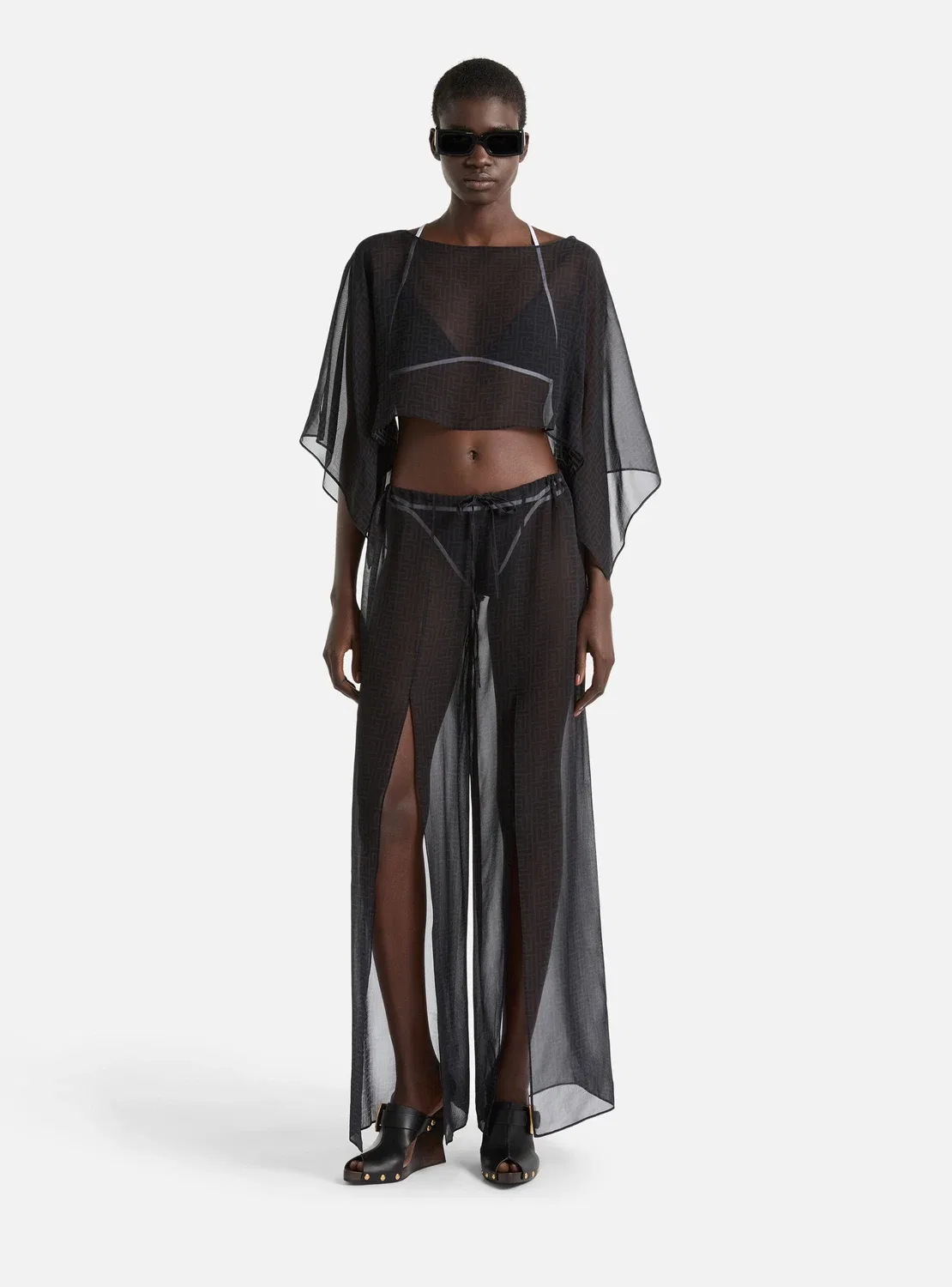 Монограммные пляжные брюки из шифона BALMAIN, черный — фото 2